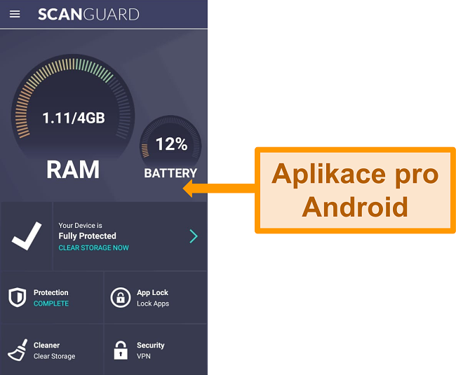 Screenshot z rozhraní aplikace Scanguard pro Android.