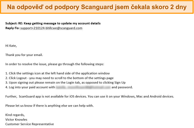 Screenshot e -mailové odpovědi zákaznické podpory od společnosti Scanguard.