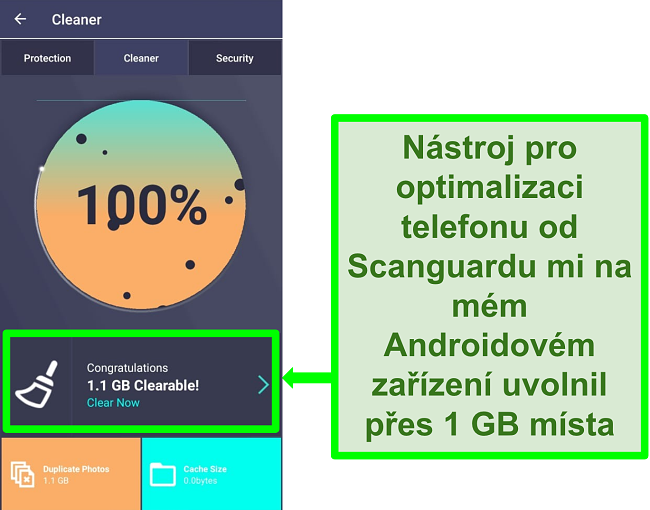 Snímek obrazovky s funkcí Scanguard Cleaner v systému Android, která vyčistí více než 1 GB duplicitních fotografií.