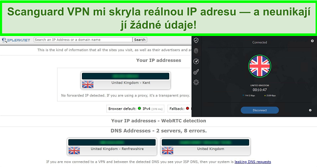 Snímek obrazovky sítě Scanguard VPN a test úniku IP, který ukazuje, že nedochází k úniku dat.