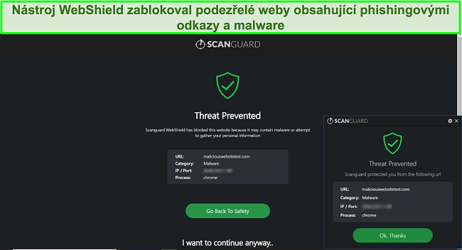 Snímek obrazovky s funkcí WebShield společnosti Scanguard blokující přístup na web s testováním malwaru.