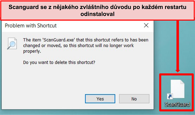 Snímek obrazovky se zlomenou zkratkou Scanguard na Windows PC.