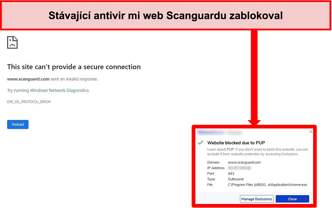 Snímek obrazovky s antivirem blokujícím web Scanguard kvůli PUP.