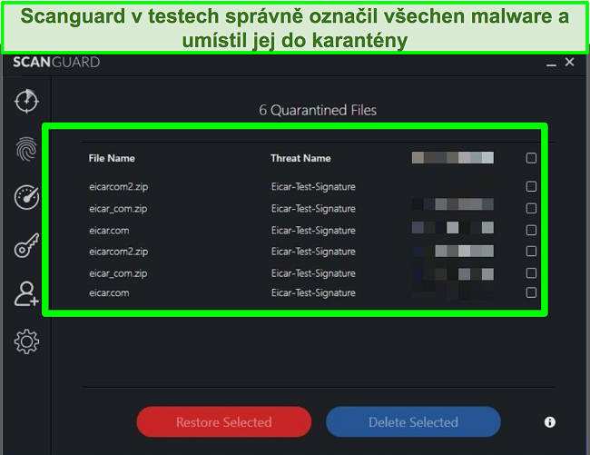 Snímek obrazovky karantény Scanguard s více testovacími soubory malwaru.