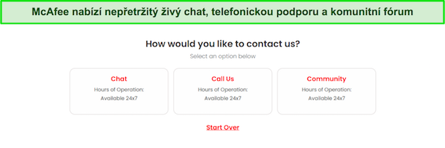 Snímek obrazovky dostupných možností zákaznické podpory na webu společnosti McAfee