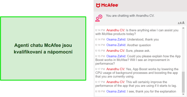 Snímek obrazovky konverzace s podporou živého chatu společnosti McAfee