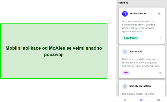 Snímek obrazovky mobilního rozhraní McAfee