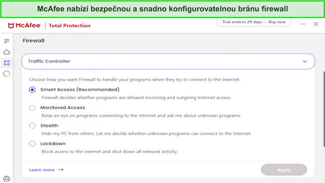 Snímek obrazovky zobrazující možnosti přizpůsobení brány firewall společnosti McAfee