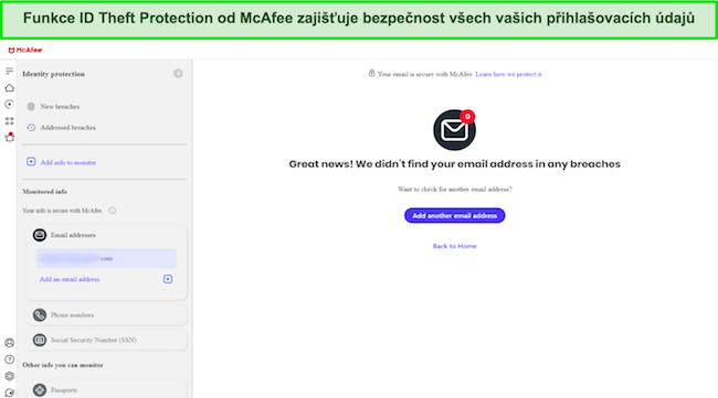 Snímek obrazovky zobrazující rozhraní ochrany proti krádeži identity společnosti McAfee