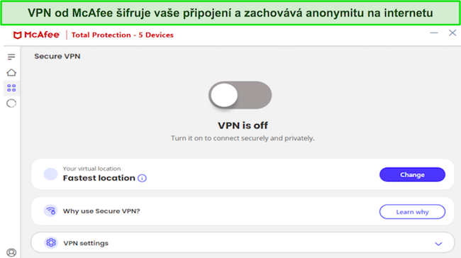 Snímek obrazovky zobrazující rozhraní VPN společnosti McAfee
