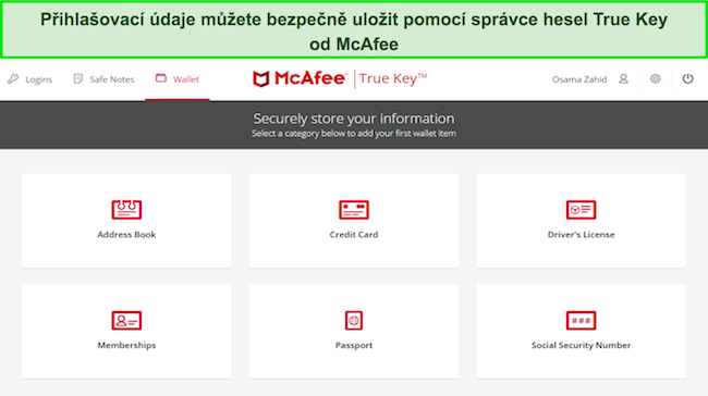 Snímek obrazovky zobrazující rozhraní McAfee True Key Password Manager