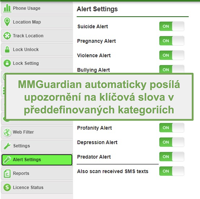 Screenshot aplikace MMGuardian, která automaticky odesílá upozornění na klíčová slova podle kategorie
