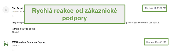 Screenshot rychlé reakce zákaznické podpory