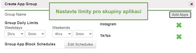 Screenshot nastavení limitů pro skupiny aplikací