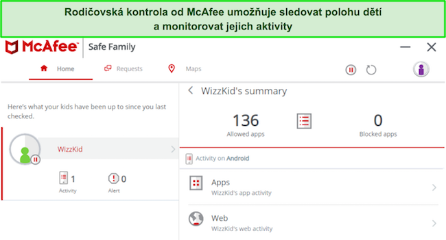 Snímek obrazovky zobrazující rodičovskou kontrolu společnosti McAfee