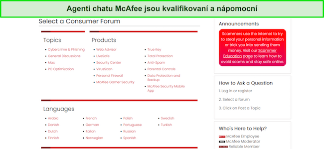 Snímek obrazovky komunitního fóra McAfee