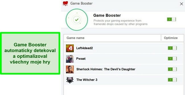 Screenshot funkce BullGuard's Game Booster se seznamem automaticky optimalizovaných her