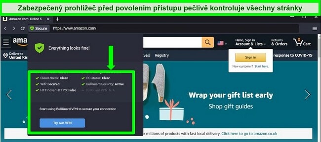 Screenshot ze zabezpečeného prohlížeče BullGuard, který zobrazuje všechny bezpečnostní kontroly.