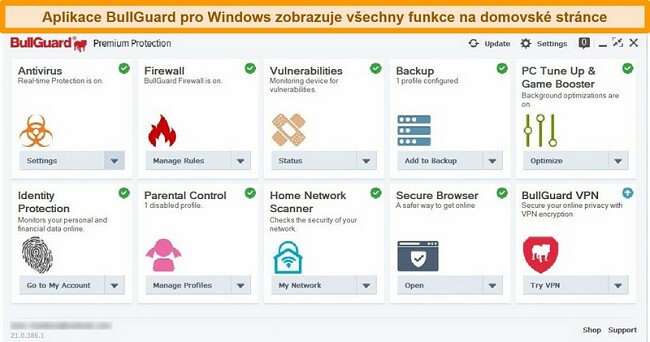 Screenshot hlavního rozhraní BullGuard, jak se zobrazuje ve Windows.