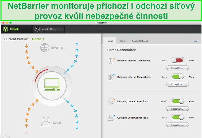 Screenshot uživatelského rozhraní Intego NetBarrier ukazující ochranu příchozího a odchozího síťového provozu