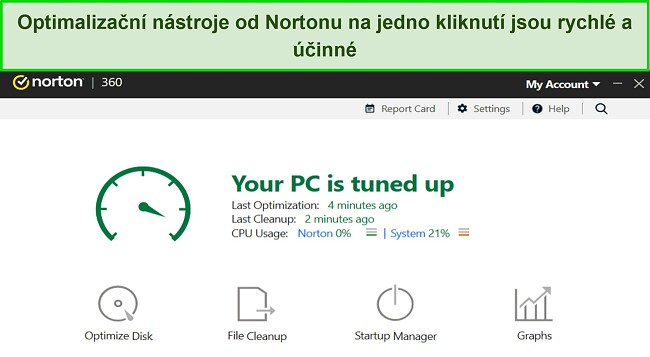 Snímek obrazovky optimalizačních nástrojů Norton.