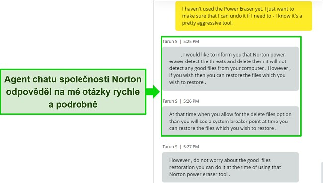 Snímek obrazovky agenta Nortonova živého chatu odpovídá na otázku týkající se nástroje Power Eraser