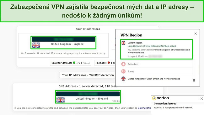 Snímek obrazovky zabezpečené VPN společnosti Norton připojené k britskému serveru, přičemž výsledky testu úniku IP neprokázaly žádné úniky dat.