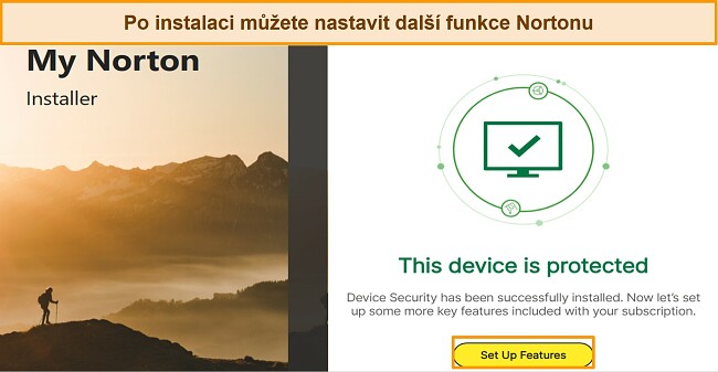 Snímek obrazovky rozhraní Norton po dokončení instalace se zvýrazněním zaměřeným na tlačítko „Nastavit funkce“.