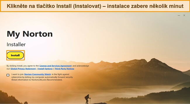 Snímek obrazovky instalační obrazovky Norton se zvýrazněním tlačítka instalace.