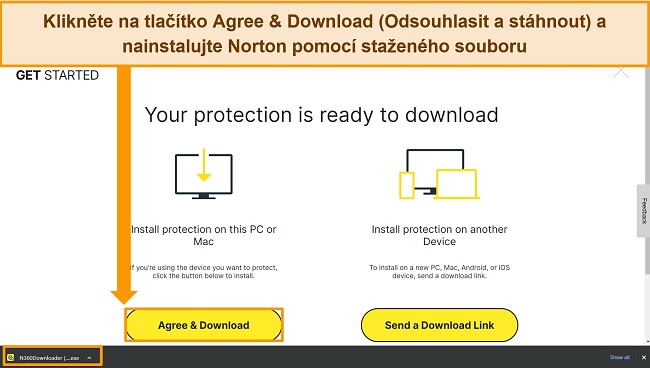 Snímek obrazovky webové stránky Agree & Download Norton se zvýrazněním instalačního souboru.