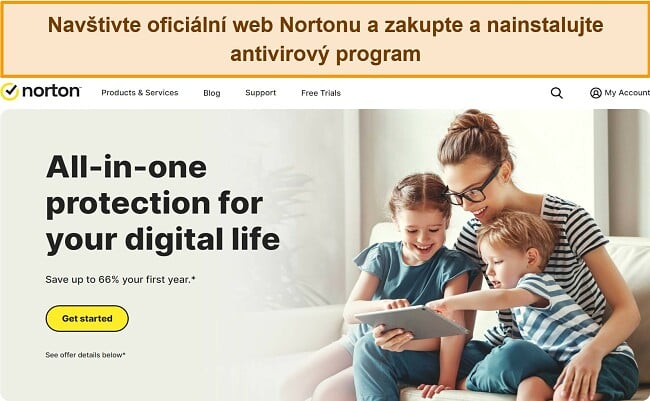 Snímek obrazovky domovské stránky oficiálního webu Norton.