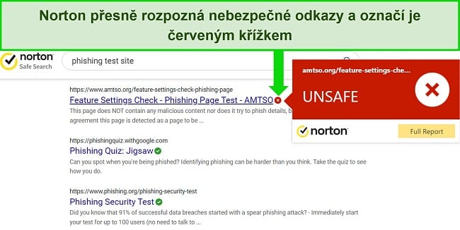 Snímek obrazovky rozšíření prohlížeče Norton Safe Search, které přesně detekuje bezpečné a nebezpečné adresy URL