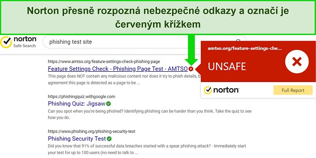 Snímek obrazovky rozšíření prohlížeče Norton Safe Search, které přesně detekuje bezpečné a nebezpečné adresy URL