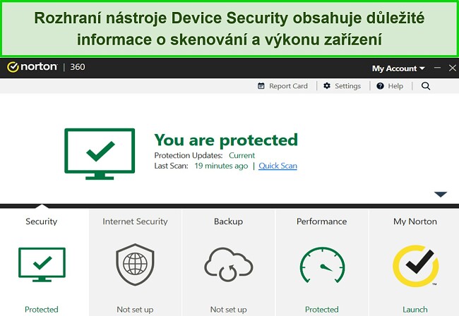 Snímek obrazovky řídicího panelu zabezpečení zařízení Norton pro Windows.