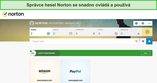 Snímek obrazovky funkce správce hesel Norton.
