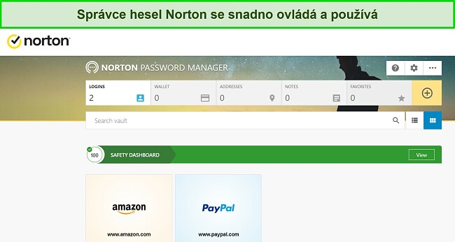 Snímek obrazovky funkce správce hesel Norton.