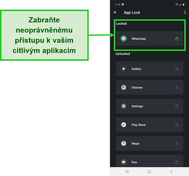 Screenshot zobrazující funkci App Lock v aplikaci TotalAV pro Android