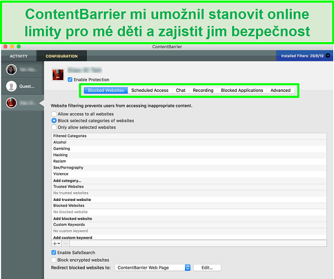 Screenshot rozhraní ContentBarrier s různými nastaveními rodičovské kontroly