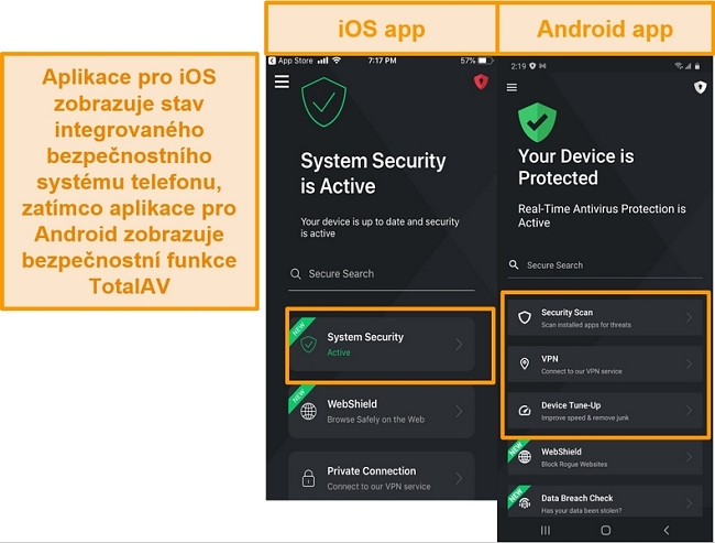 Screenshot zobrazující rozdíl mezi aplikacemi iOS a Android TotalAV