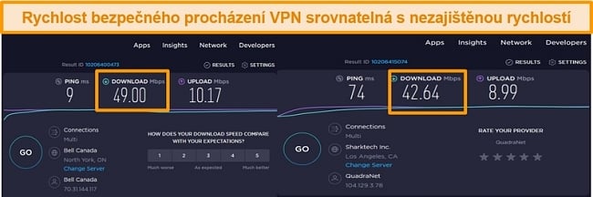 snímek obrazovky porovnávající rychlosti nezabezpečeného a amerického připojení k serveru VPN