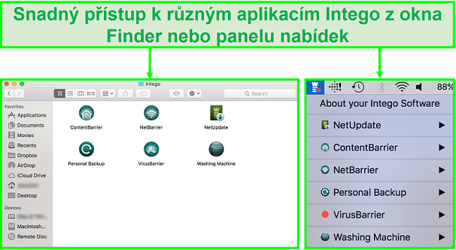 Screenshot, jak máte přístup k různým aplikacím Intego z okna Finder nebo z lišty nabídek
