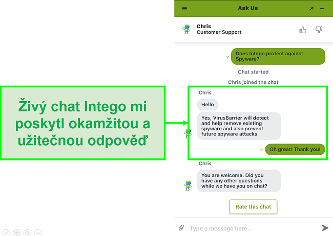 Screenshot živého chatu Intego nabízející rychlou a užitečnou podporu