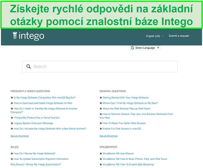 Screenshot znalostní báze Intego s obecnými otázkami a odpověďmi