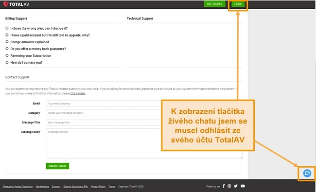 Screenshot funkce živého chatu TotalAV