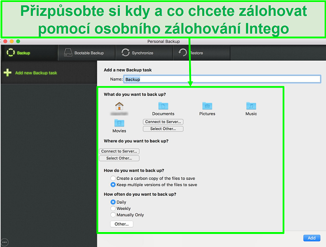 Screenshot rozhraní Intego Personal Backup s přizpůsobitelnými možnostmi zálohování