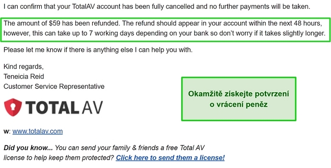 Screenshot z e-mailu s potvrzením o vrácení peněz TotalAV