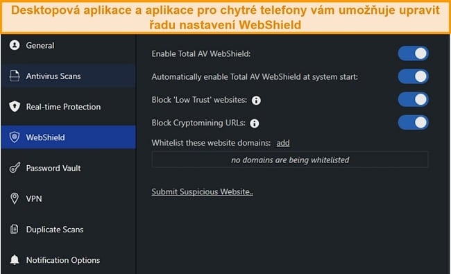 Screenshot nastavení WebShield v desktopové aplikaci TotalAV