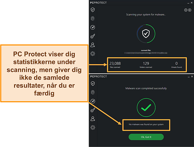 Skærmbillede af PC Protect, der udfører en malware -scanning, der kun viser statistikkerne ved scanning. Når de er færdige, forsvinder resultaterne.