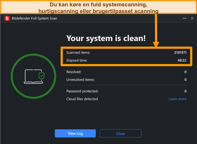 Skærmbillede af en afsluttet Bitdefender-systemscanning.