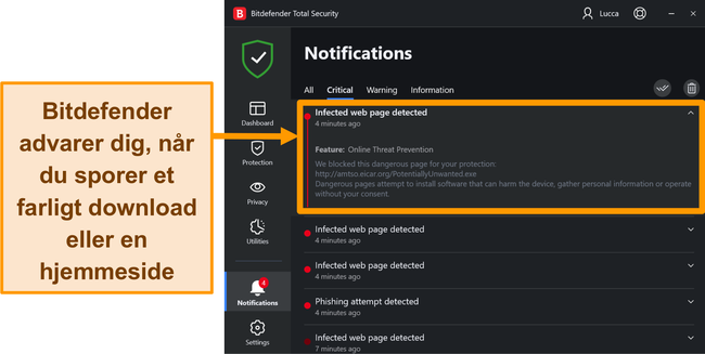 Underretninger om Bitdefender-desktoptrusler.